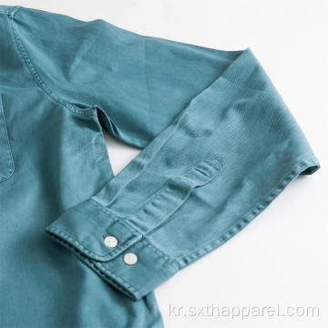 남성용 녹색 포켓 긴 소매면 능직 셔츠